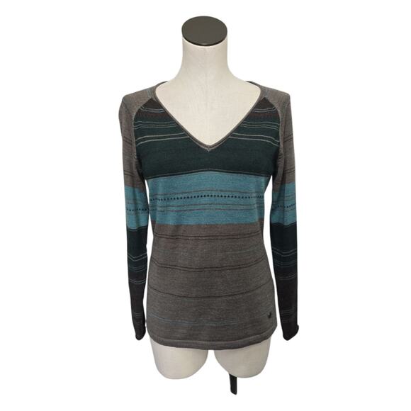 Smartwool Womens Size Medium V-Neck Striped Knit Sweater Gray Green‎ Blue - Picture 1 of 9